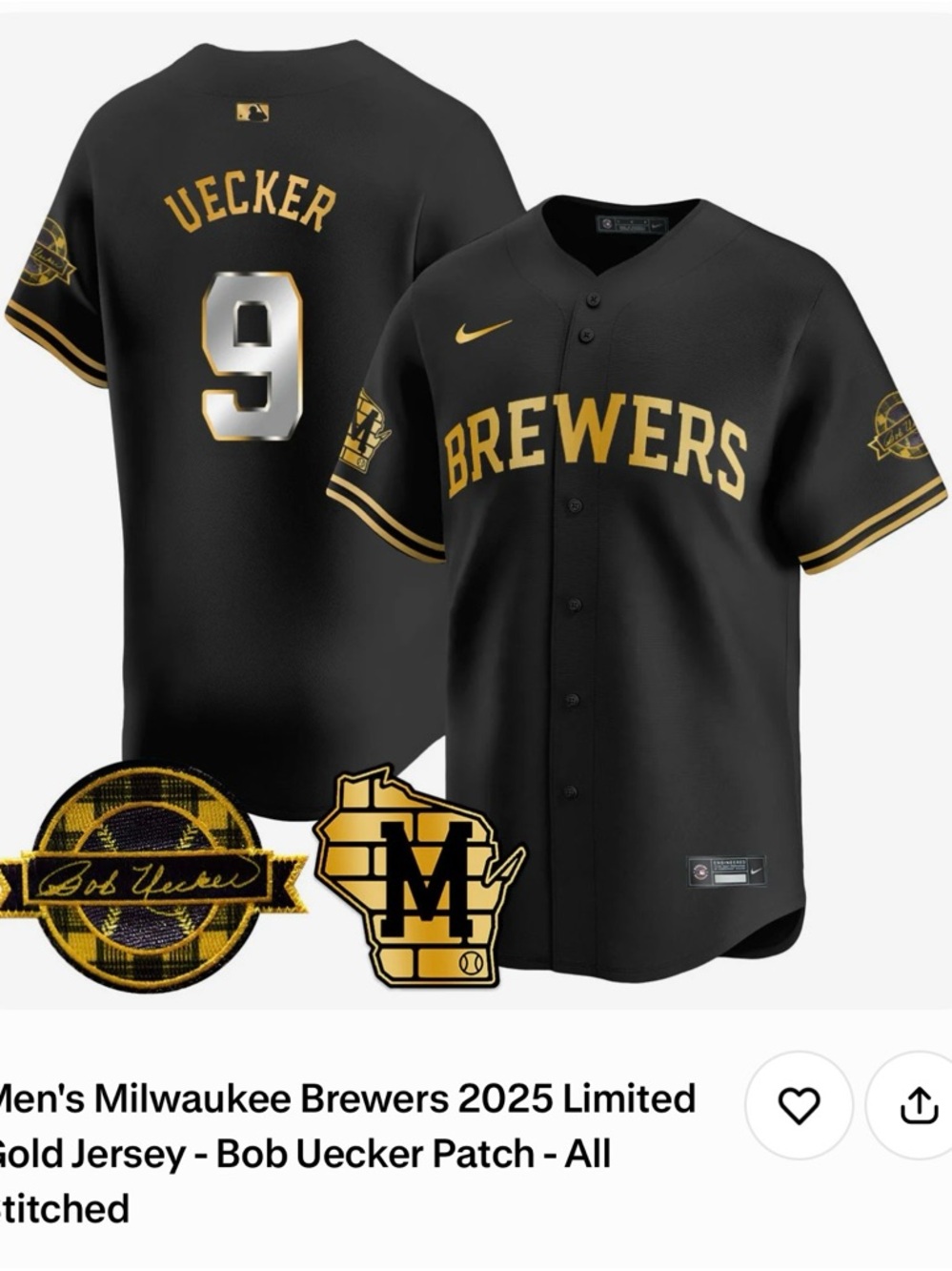 Nike Black & Gold Brewers Jersey - Uecker #9